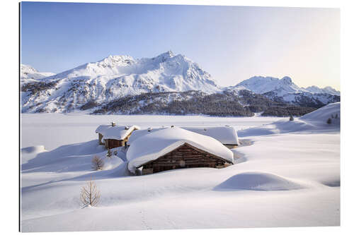 Quadro em plexi-alumínio Alpine huts covered with snow, Splüga, Switzerland