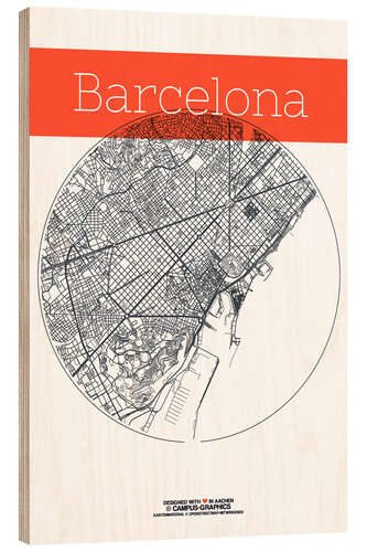 Holzbild Barcelona Karte Kreis