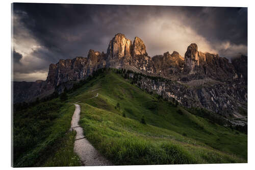 Acrylglasbild Sonnenuntergang am Grödner Joch, Dolomiten, Italien