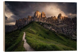 Tableau en bois Coucher de soleil au Passo Gardena, Dolomites