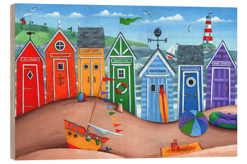 Print på træ Beach Hut Rainbow Scene