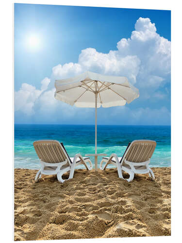 Foam board print Beach chair and white umbrella on sand beach