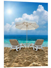 Foam board print Beach chair and white umbrella on sand beach