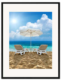 Impressão artística com moldura Beach chair and white umbrella on sand beach