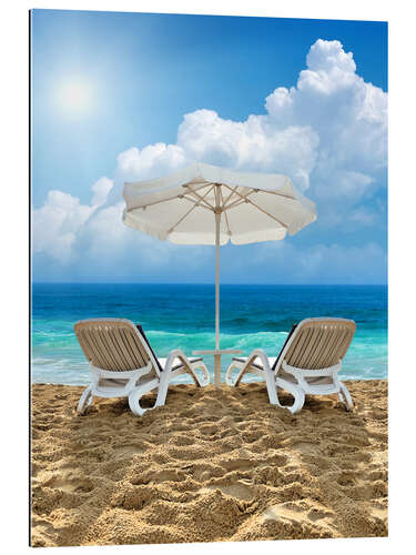 Gallery print Beach chair and white umbrella on sand beach