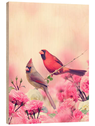 Tableau en bois Red cardinal in sea of flowers