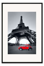 Gerahmter Kunstdruck Rotes vintage Auto steht auf dem Champ de Mars