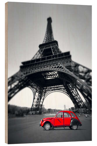 Wood print Vintage red car stands on the Champ de Mars