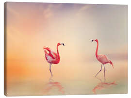 Leinwandbild  Zwei Flamingos im See bei Sonnenuntergang