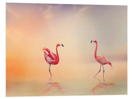 Foam board print Two Flamingoes in The Lake at Sunset