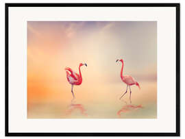 Impression artistique encadrée Two Flamingoes in The Lake at Sunset