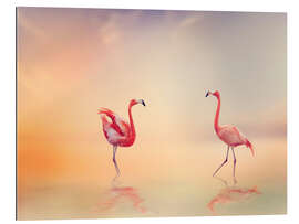 Galleritryk Two Flamingoes in The Lake at Sunset