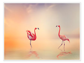 Wandbild  Zwei Flamingos im See bei Sonnenuntergang