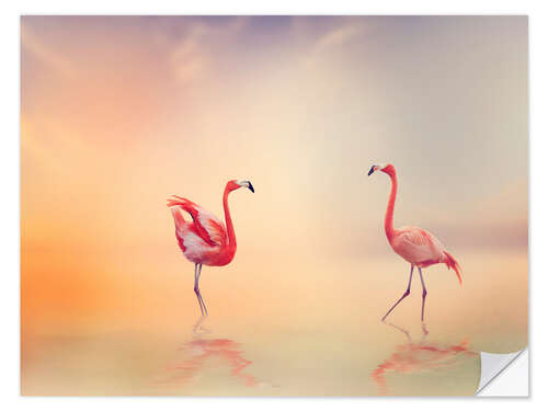 Vinilo para la pared Two Flamingoes in The Lake at Sunset