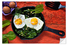 Självhäftande poster Breakfast pan eggs on spinach