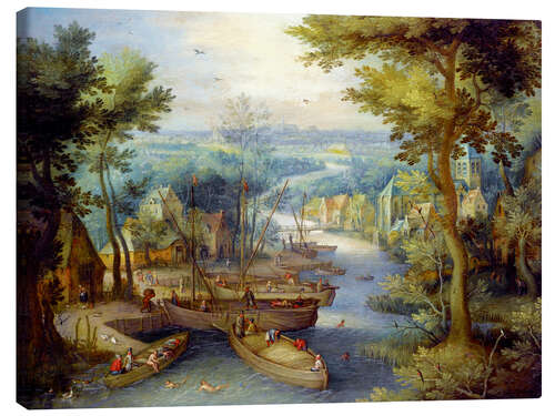 Lienzo River landscape with bathing and boats
