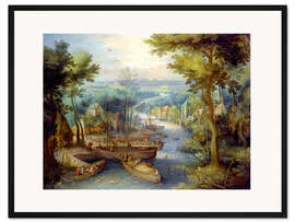 Gerahmter Kunstdruck Flusslandschaft mit Badenden und Booten