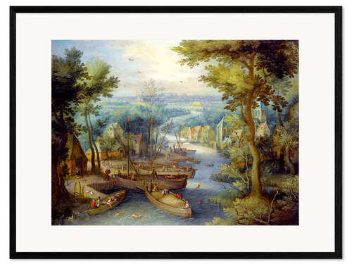Ingelijste kunstdruk River landscape with bathing and boats