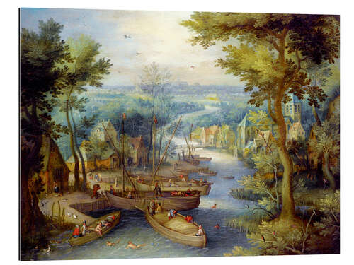 Gallery print River landscape with bathing and boats