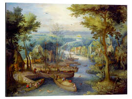 Magnettafel Flusslandschaft mit Badenden und Booten