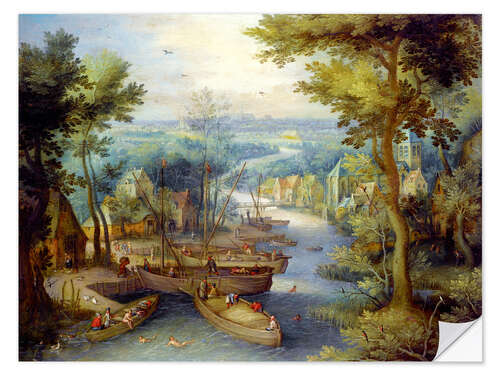 Muursticker River landscape with bathing and boats