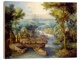 Wood print River landscape with bathing and boats