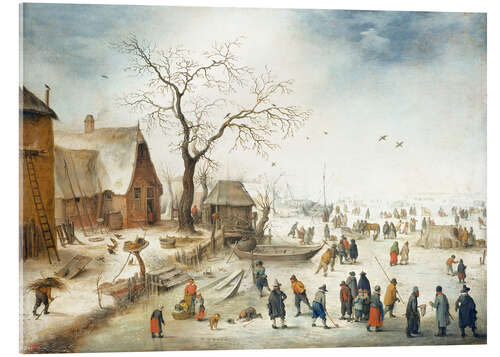 Acrylic print Village in winter with farmers on the ice