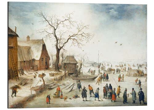 Aluminium print Village in winter with farmers on the ice