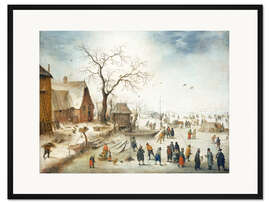 Gerahmter Kunstdruck Dorf im Winter mit Bauern auf dem Eis