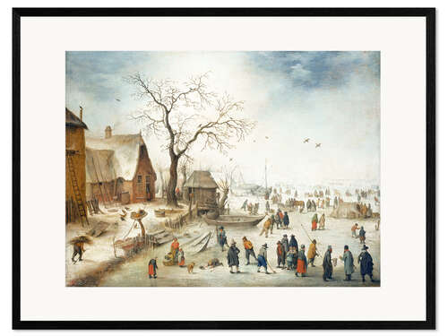Plakat artystyczny premium w ramie Village in winter with farmers on the ice