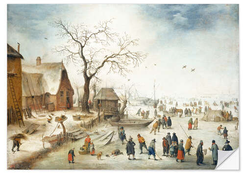 Selvklebende plakat Village in winter with farmers on the ice