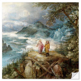 Sticker mural Wide mountain landscape with the temptation of Christ