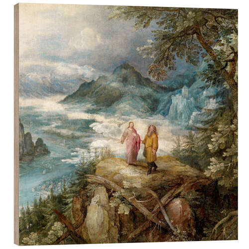 Tableau en bois Wide mountain landscape with the temptation of Christ