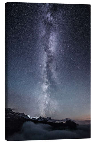 Canvas print Nightscape with galaxy above clouds from Legler mountain hut  Glarus, Switzerland