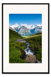 Gerahmter Kunstdruck Bergpanorama mit Schreckhorn und Fiescherhorn Blick von First, Grindelwald, Schweiz