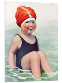 Print på skumplade Child Wearing a Swim Cap Sitting in the Surf