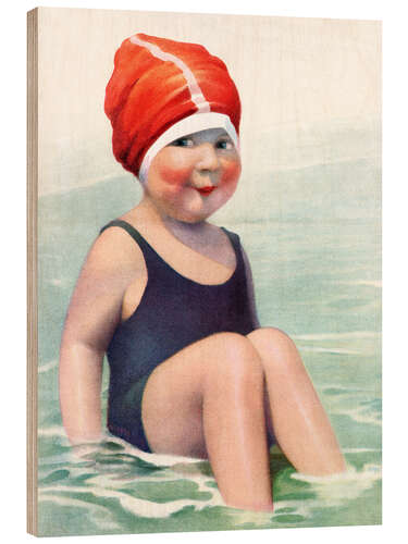 Trätavla Child Wearing a Swim Cap Sitting in the Surf