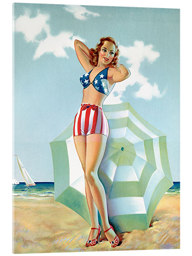 Acrylglasbild Patriotisches Pinup Mädchen am Strand