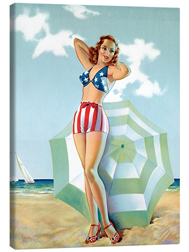 Tableau sur toile Patriotic Pinup Girl at Beach