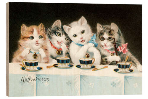 Quadro de madeira Four Cat Girlfriends Having a Coffee Party