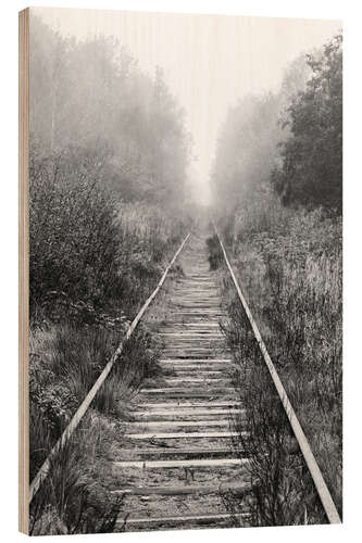 Quadro de madeira Railroad in foggy forest