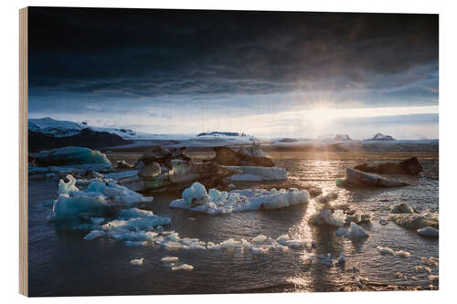 Quadro de madeira Midnight sun at Jokulsarlon lagoon, Iceland