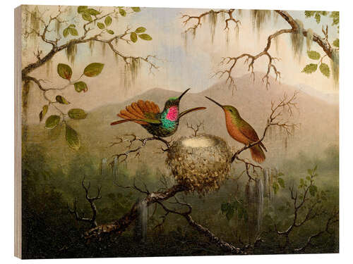 Hout print Two hummingbirds at their nest