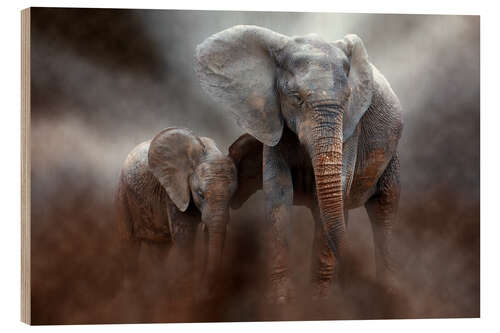 Hout print Elephant with baby