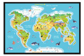 Gerahmter Kunstdruck Weltkarte mit Tieren - Englisch