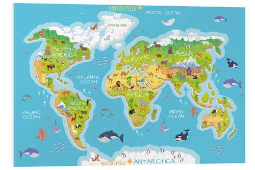 Foam board print World map with animals