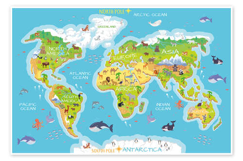 Poster Mappa del mondo con animali (inglese)