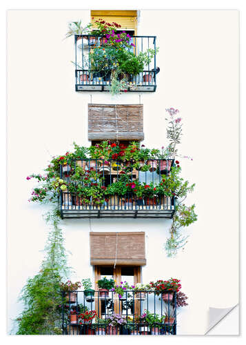 Wandsticker Fassade mit Balkonen voller Blumen in Valencia