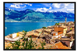 Gerahmter Kunstdruck Schönes Dorf Limone, Panoramablick, Lago di Garda, Italien