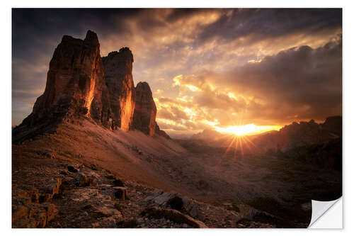 Selvklæbende plakat Three Peaks Dolomites Sunset